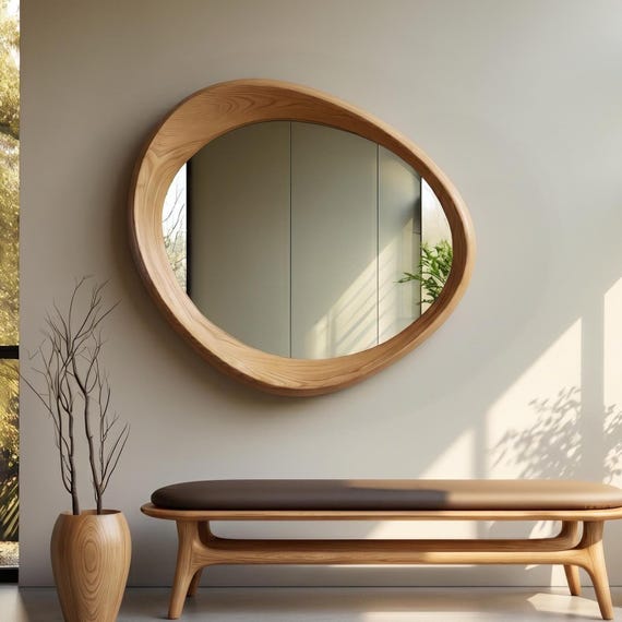 Oak Irregular Mirror, Asymmetrical Wooden Mirror, Walnut Entryway Mirror, Decorative Wall Mirror, Mcm Mirror, Mirror Wall Decor