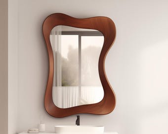Walnut Irregular Wall Mirror, Asymmetrical Wooden Mirror, Wooden Framed Asymmetrical Mirror, Mid Century Modern Mirror, Mirror Wall Decor