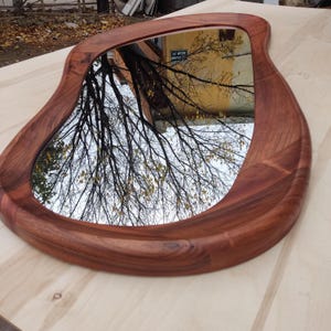 May include: A unique, free-form wooden mirror with a rich, reddish-brown frame. The mirror reflects a tree with yellow leaves and a building. The frame has a smooth, curved design, adding a natural and artistic touch to the decor.