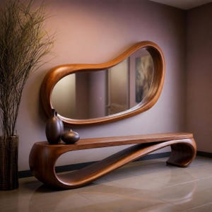 May include: A modern, wooden entryway set featuring a large, organically shaped mirror and a matching bench. The mirror and bench are a warm brown color. Two dark brown vases sit on the bench, and a tall plant is in a vase to the left.