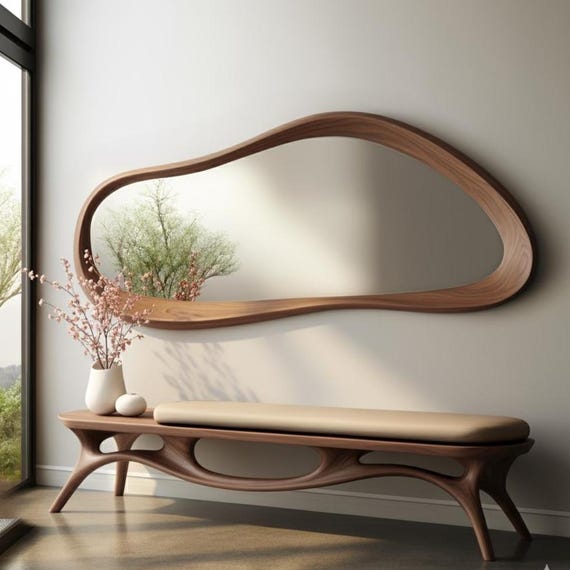 Walnut Asymmetical Mirror, Walnut Irregular Mirror, Irregular Wooden Mirror, Asymmetrical Entryway Mirror, Wooden Framed Asymmetrical Mirror