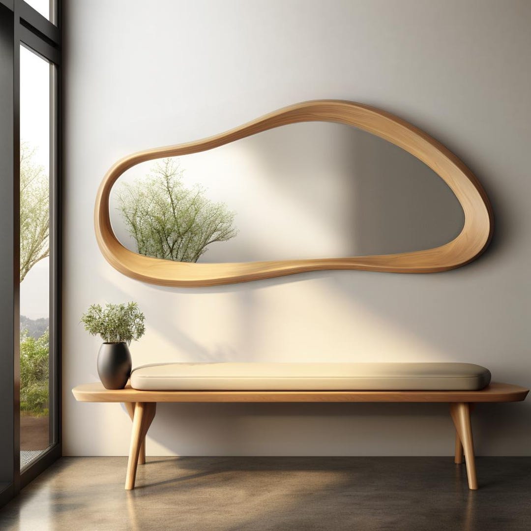 Oak Asymmetical Mirror, Oak İrregular Mirror, Irregular Wooden Mirror, Asymmetrical Entryway Mirror, Wooden Framed Asymmetrical Mirror