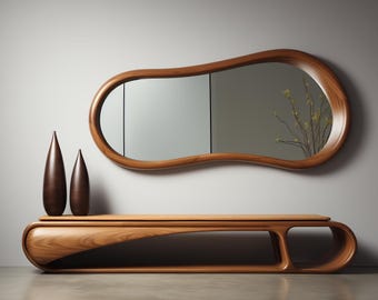 Asymmetrisk spegel i valnöt, oregelbunden spegel, spegel i modern stil, asymmetrisk spegel i trä, dekorativ spegel, spegel för heminredning