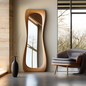 Oak Asymmetrical Irregular Full Length Mirror, Irreglar Wooden Framed Mirror, Rustic Oak Asymmetrical Mirror, Standing Mirror