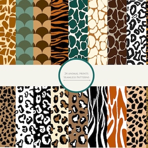 Op de afbeelding: Een verzameling van 24 naadloze patronen met dierenprints. De patronen omvatten zebra strepen, giraf vlekken, luipaard print en andere dierlijke texturen. De afbeelding bevat de tekst "24 ANIMAL PRINTS SEAMLESS PATTERNS".