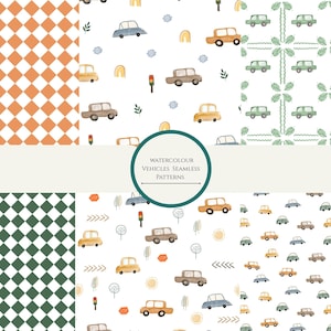 May include: A collection of watercolor vehicle seamless patterns. The patterns feature various cars in shades of blue, yellow, and brown, along with elements like rainbows, traffic lights, and leaves. The patterns are set against white backgrounds.