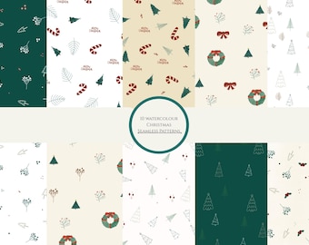 Puede incluir: Una colección de diez patrones navideños acuarelados sin costuras. Los patrones presentan elementos festivos como árboles de Navidad, bastones de caramelo, coronas y ramitas en tonos verdes, rojos y blancos sobre varios fondos. Incluye el texto "10 Watercolour Christmas Seamless Patterns."