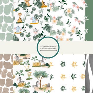 Może przedstawiać: Kolekcja ośmiu bezszwowych wzorów z motywami zwierząt safari i elementów natury. Wzory obejmują ilustracje żyraf i słoni, wzory kwiatowe i tekstury zwierzęcych nadruków w odcieniach zieleni, brązu i bieli. Tekst brzmi "8 Safari Animals Seamless Patterns."