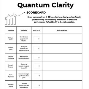 May include: A black and white scorecard titled "Quantum Clarity" with the text "Score each area from 1-10 based on how clearly and confidently you're showing up across key dimensions of executive performance. Reflect briefly in the notes section."  The scorecard has a table with the following columns: Dimension, Description, Score (1-10), and Notes/Reflections. The table has rows for Clarity of Vision, Strategic Focus, Decision Confidence, Energy & Presence, Team Alignment, and Execution Rhythm.  The scorecard also includes a section titled "Momentum Summary" with a heart icon and a gray box for the average score.  The scorecard also includes two gray boxes for "My key insight from this scorecard" and "One shift I will make resulting from this scorecard".  The scorecard ends with the text "Executive clarity creates exponential impact."