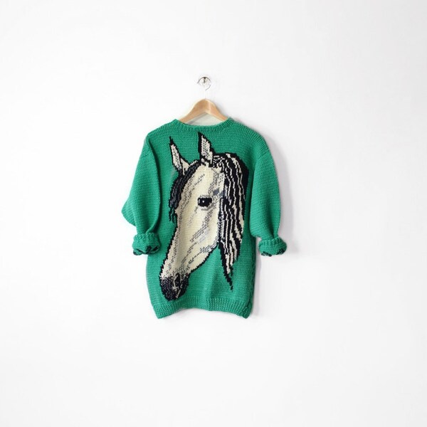 Vintage Green Hand Knit Cowichan White Horse Sweater - m/l