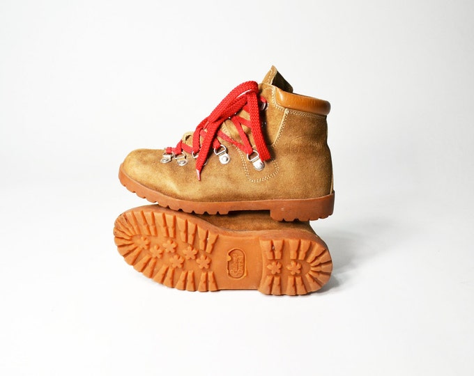 Vintage Tan Leather Hiking Boots With Red Laces Women's 6.5 Etsy
