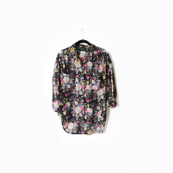 90s Hi-Low Black Floral Blossom Blouse - m