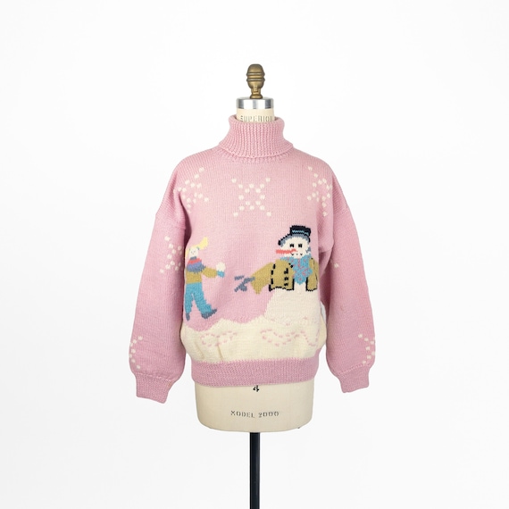 90s Snowman sweater | pink wool ugly Christmas swe