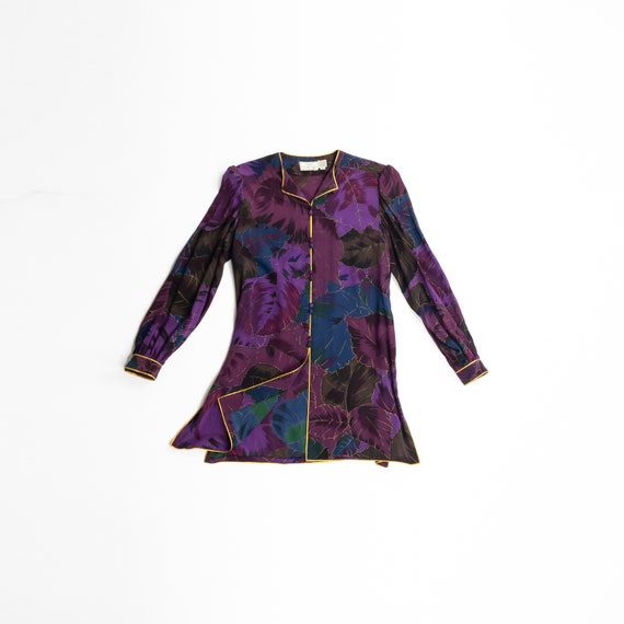 purple silk tunic top | gold leaf print tunic