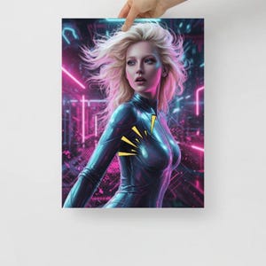 Poster retrofuturistico donna cyberpunk neon piscina, Poster arte digitale fantascienza synthwave illustrazione murale cosmo stilizzato