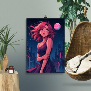 Poster Manga Retrofuturistico | Donna Cosmica Emozionale | Illustrazione Verticale HD 300 DPI Stile Cyberpunk & Synthwave Giapponese