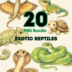 Pode incluir: Ilustração digital com vários répteis exóticos, incluindo um lagarto, um camaleão, uma tartaruga e uma cobra. A imagem inclui o texto "20 PNG Bundle" e "Exotic Reptiles".