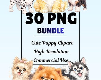 Paquete de 30 imágenes PNG de cachorros en acuarela, divertidas imágenes prediseñadas de perros bebés (uso comercial)