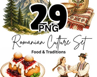 Romanian Culture Clipart Bundle, Traditional Food, Folk Costume, Village Graphics (29 PNG Files)