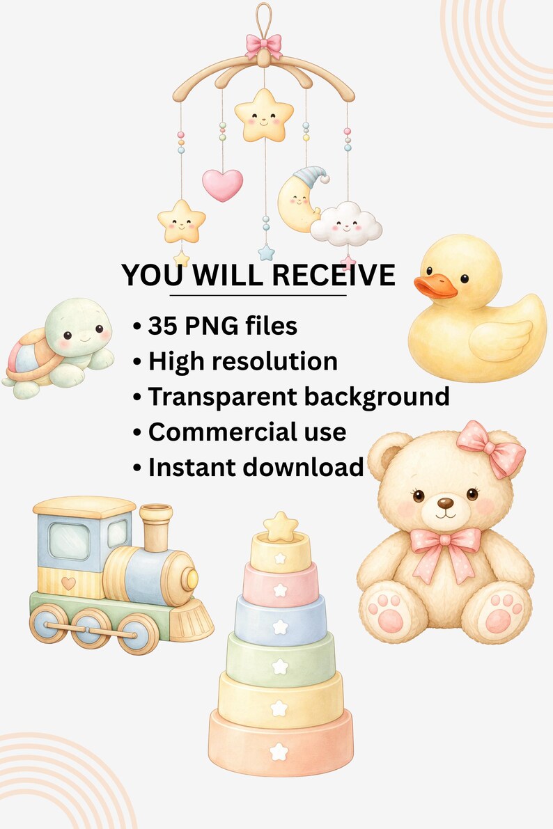 Nursery Wall Art Clipart PNG Bundle, Pastel Baby Toys Decor (digital ...