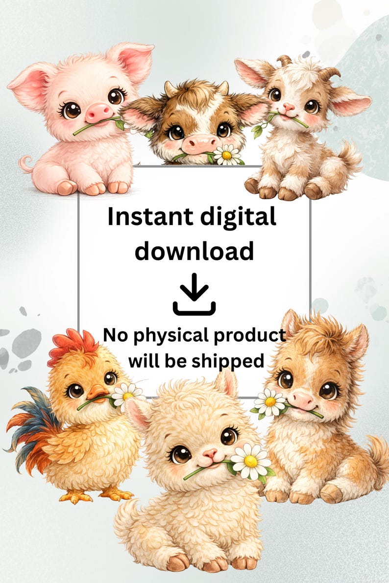 Baby Farm Animals PNG Bundle, Cute Farm Animals Clipart, Cow Lamb Chick ...
