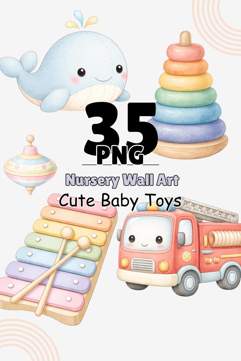 Nursery Wall Art Clipart PNG Bundle, Pastel Baby Toys Decor (digital ...