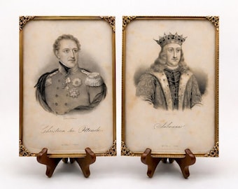 Antikt danskt litografipar, Em. Baerentzen & Co, Christian VIII och Johannes, mässingsramar med konvext glas, 1800-talstryck
