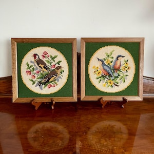 Vintage Framed Needlepoint Bird Pair – Handcrafted Embroidery Wall Art, 28x28 cm