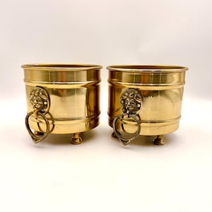 Vintage Brass Finish Cachepots Pair, Lion Head Ring Handle Planters, Gold Tone Footed Jardiniere, Hollywood Regency Decorative Pots