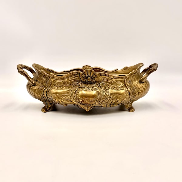 Antique French Brass Jardiniere Planter, Art Nouveau Cachepot, Louis XV Rococo Revival Centerpiece, Footed Brass Planter