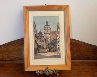 Vintage ets – Rothenburg ob der Tauber Weiße Turm van J. Lindler, originele handgekleurde print