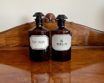 Vintage Amber Glass Apothecary Bottles: Faceted Stoppers, Enamel Labels, 23cm - Pharmacy Decor