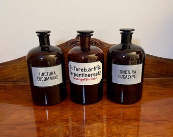 Vintage Amber Glass Apothecary Bottle: German Label, Stopper (26cm, 1950s-70s)