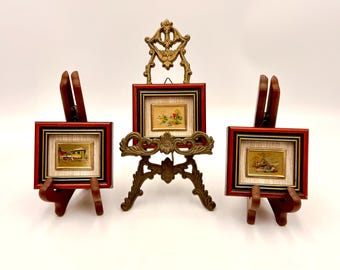 Promoção de Aniversário com 20% de desconto - Conjunto de 3 paisagens em miniatura vintage italianas com folha de ouro, decoração de parede de meados do século XX, cromolitografias em miniatura.