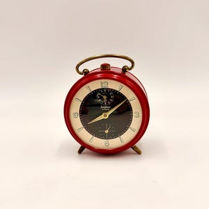 Vintage Junghans Bivox Red Alarm Clock, West Germany, Black Dial Mid Century Modern, Mechanical Desk Clock, Serviced & Working