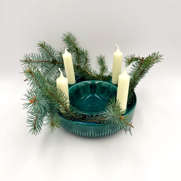 Jasba Västtyskland Adventsljusstake 1914/20 – Blågrön glaserad mitten av århundradet keramik Adventskranz, Vintage MCM mittdekoration