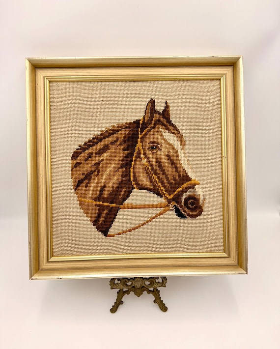 Vintage Framed Needlepoint Horse Portrait | Hand Embroidered Equestrian Wall Art | Mid Century Textile Art | 40 x 40 cm