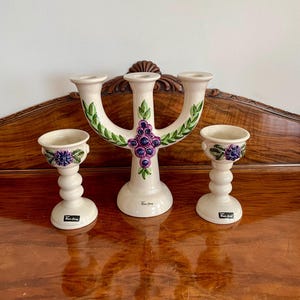 Rosa Ljung Ceramic Candle Holder Set: Hand-Painted Floral Candelabra, Swedish DECO Helsingborg