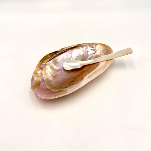 Vintage Pink Mother of Pearl Caviar Dish with Spoon, Shell Serving Bowl on Seashell Feet
