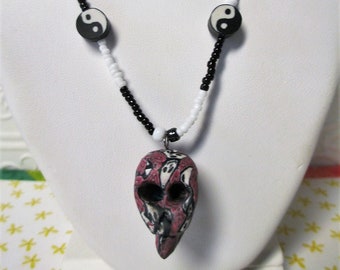 Fimo Skull, Roses and Yin Yang Beaded Necklace