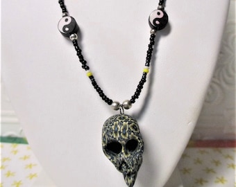 Fimo Skull with Yellow Flowers and Yin Yang Beaded Necklace