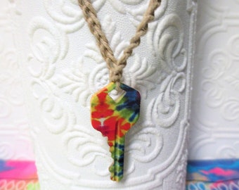 TIE DYE KEY Hemp Necklace Handmade Hippie Jewelry