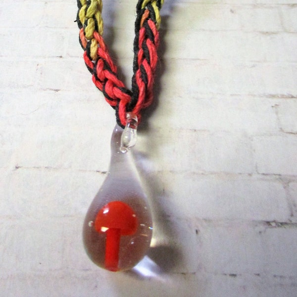 Mushroom Red Lampwork Hemp Necklace - Glass Shroom Pendant Multicolor Rasta Colors and Black Cord