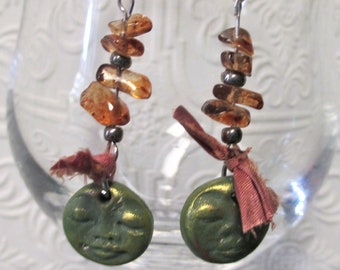 MOON EARRINGS - Handcrafted Polymer Clay with Stone and Silk