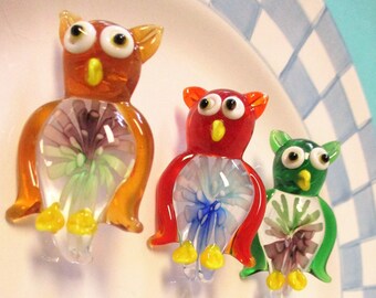 5 Owl Jumbo Glass Lampwork Pendants - Mixed Colors - 23x39mm