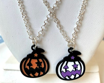 Halloween Pumpkin Necklace Pendant Silvertone Metal 18 Inch Chain -  Choose (1) - Orange or White