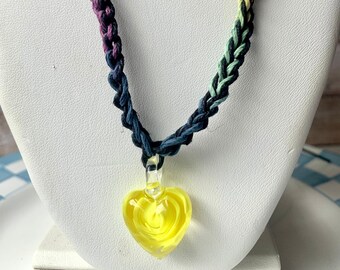 Heart Yellow Rose Lampwork Glass Pendant Hemp Necklace -  Black and Rainbow Cord