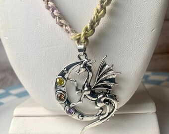 Dragon Hemp Necklace - Metal Jumbo Pendant with Rhinestones - Multicolor Pastel Colors and Beige