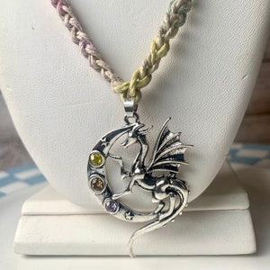 Dragon Hemp Necklace Metal Jumbo Pendant with Rhinestones Multicolor Pastel Colors and Beige image 1