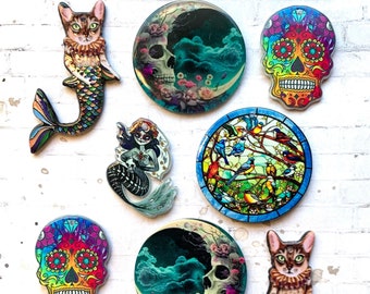 10 Assorted Pendants Printed Acrylic - Cat Mermaid, Skull, Moon, Birds